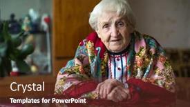  Presentation with old clothes - Beautiful PPT theme featuring old woman in bright clothes gestures sitting at the table backdrop and a tawny brown colored foreground