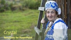  Presentation with old clothes - Beautiful presentation featuring old woman in russian ethnic clothes outdoors backdrop and a violet colored foreground