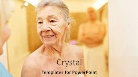  Presentation with wellness - Beautiful slide set featuring old woman in the wellness department of the senior residence is looking forward to the sauna backdrop and a coral colored foreground