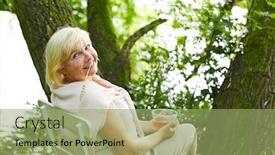  Presentation with relaxation - Beautiful PPT theme featuring old-woman-looking-for-relaxation backdrop and a mint green colored foreground