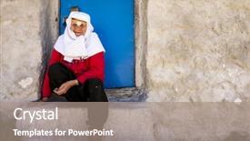  Presentation with movie screen in old retro - PPT theme consisting of old woman on mountain village background and a coral colored foreground