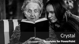  Presentation with old book - Presentation design featuring old-woman-reading-a-book background and a dark gray colored foreground
