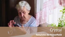  Presentation with smartphone - Cool new PPT theme with old-woman-sits-in-home backdrop and a coral colored foreground
