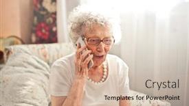  Presentation with phone - Slide deck featuring old woman talking of the phone background and a soft green colored foreground