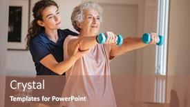  Presentation with elderly home - PPT layouts with old-woman-training-with-physiotherapist background and a coral colored foreground