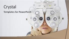  Presentation with eye care - Audience pleasing slides consisting of old woman undergo eye test backdrop and a white colored foreground