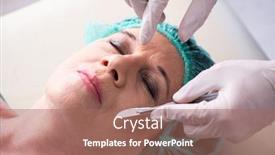  Presentation with plastic surgery - PPT theme featuring old-woman-visiting-male-doctor background and a coral colored foreground