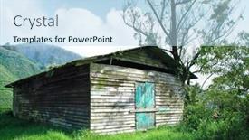  Presentation with hill - Slides enhanced with old-wood-house background and a sky blue colored foreground