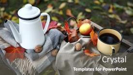  Presentation with teapot - PPT theme having old-wooden-bench-with-teapot background and a gray colored foreground