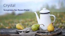  Presentation with teapot - Audience pleasing slide deck consisting of old-wooden-bench-with-teapot backdrop and a sky blue colored foreground