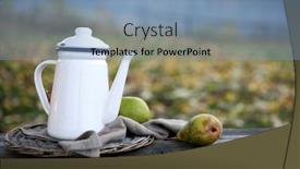  Presentation with teapot - Beautiful slide set featuring old wooden bench with teapot fruits and nuts on mountains background backdrop and a light blue colored foreground