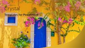  Presentation with village - Slide deck consisting of old-wooden-door-in-assos background and a gold colored foreground