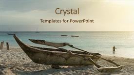  Presentation with old fishing boat - Slide set enhanced with old wooden fishing boat on zanzibar sandy beach with sunset ocean on the background background and a soft green colored foreground