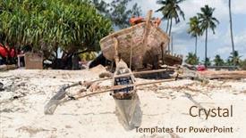  Presentation with old fishing boat - Slide deck featuring old wooden fishing boat with paddles on a beach of fishing village in zanzibar background and a lemonade colored foreground