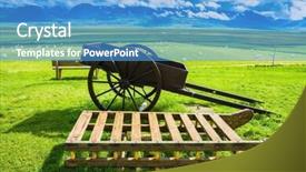  Presentation with vikings - Colorful slides enhanced with old wooden sledge and two-wheeled cart on the lawn the reconstituted village - museum vikings in iceland backdrop and a teal colored foreground