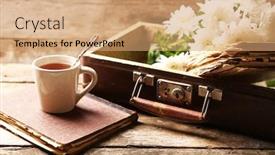  Presentation with books flowers - PPT theme with old wooden suitcase with old books and flowers on wooden background background and a coral colored foreground