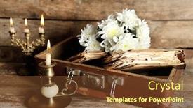  Presentation with books flowers - Presentation theme featuring old wooden suitcase with old books and flowers on wooden background background and a tawny brown colored foreground