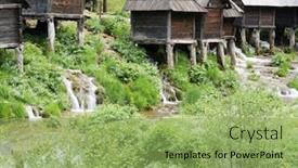 Presentation with water river - PPT theme enhanced with old wooden water mills on river background and a yellow colored foreground