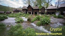  Presentation with water river - PPT theme having old wooden water mills on river background and a tawny brown colored foreground
