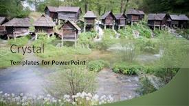  Presentation with water river - Presentation design featuring old wooden water mills on river background and a mint green colored foreground
