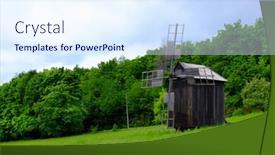  Presentation with windmills - Presentation design featuring old wooden windmills on green field on blue sky background background and a sky blue colored foreground