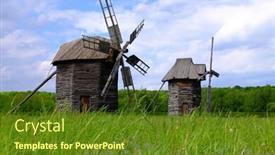  Presentation with windmills - Beautiful PPT theme featuring old wooden windmills on green field on blue sky background backdrop and a tawny brown colored foreground