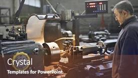  Presentation with machines - Beautiful slide deck featuring old-worker-ching-out-machines backdrop and a tawny brown colored foreground