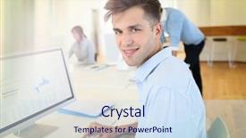  Presentation with front office - Slides featuring old workers - office worker sitting in front background and a  colored foreground