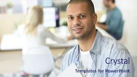  Presentation with worker - Slide set featuring old workers - portrait of office-worker holding tablet background and a lemonade colored foreground