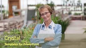  Presentation with senior worker - Slide deck enhanced with old workers - portrait of smiling senior female background and a tawny brown colored foreground