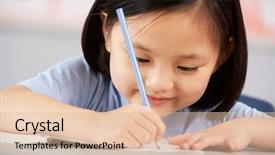  Presentation with school desk - Presentation theme having old writing - female student working at desk background and a lemonade colored foreground