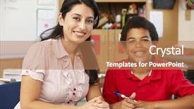  Presentation with class - Slides having old writing - teacher and schoolboy in class background and a  colored foreground