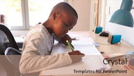  Presentation with homework - Amazing slide deck having old writing - young boy in bedroom sitting backdrop and a coral colored foreground