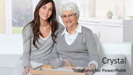  Presentation with carer - Beautiful slides featuring old young - elderly woman and home carer backdrop and a  colored foreground