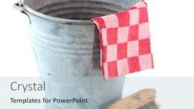  Presentation with zinc - Presentation with old zinc bucket with cleaning brush and cloth background and a light blue colored foreground