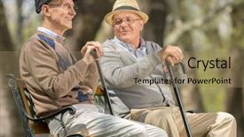  Presentation with elderly - Colorful presentation theme enhanced with oldage cane - two elderly men seated backdrop and a coral colored foreground