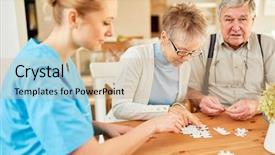  Presentation with dementia - Audience pleasing slide deck consisting of oldage staff - caregiver and seniors couple backdrop and a soft green colored foreground