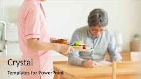 Presentation with meals - Beautiful theme featuring oldage staff - caregiver preparing meals backdrop and a coral colored foreground