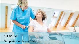  Presentation with caregiver - Slide deck enhanced with oldage staff - caring caregiver takes care background and a light blue colored foreground