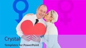  Presentation with older couple - Presentation theme enhanced with older affectionate couple holding red heart shape against pink and blue background and a cyan colored foreground