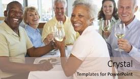  Presentation with lunch - Cool new PPT theme with older african american seniors - friends having lunch together backdrop and a coral colored foreground