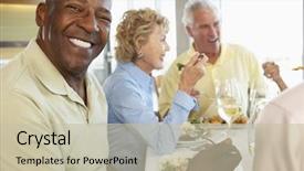  Presentation with restaurant downlodes - Slides enhanced with older african american seniors - friends having lunch together background and a mint green colored foreground