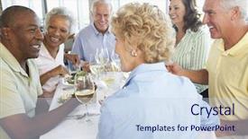  Presentation with restaurant downlodes - Slides having older african american seniors - friends having lunch together background and a sky blue colored foreground