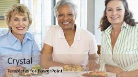  Presentation with lunch learn - PPT layouts featuring older african american seniors - friends having lunch together background and a coral colored foreground
