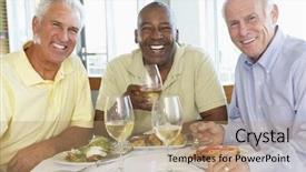  Presentation with manners at restaurant - Theme enhanced with older african american seniors - friends having lunch together background and a coral colored foreground