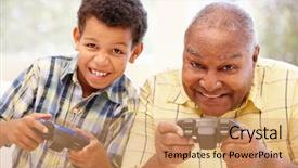  Presentation with computer games - Presentation design enhanced with older african american seniors - grandfather and grandson playing computer background and a coral colored foreground