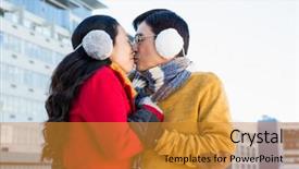  Presentation with older couple - Amazing presentation design having older asian couple kissing on balcony on a cold day backdrop and a gold colored foreground
