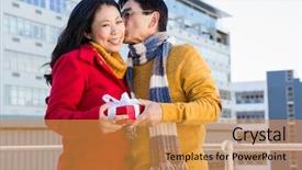  Presentation with older couple - PPT theme with older asian couple on balcony with gift on a cold day background and a gold colored foreground