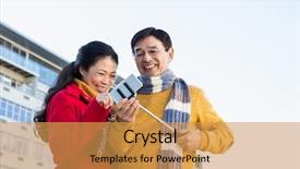  Presentation with older couple - Presentation design featuring older asian couple on balcony taking selfie on a cold day background and a yellow colored foreground