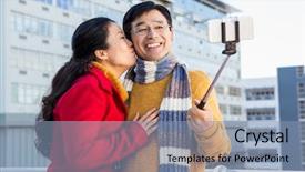  Presentation with older couple - Presentation design having older asian couple on balcony taking selfie on a cold day background and a light blue colored foreground